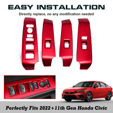 4pcs Red Interior Window Lift Button Cover Trim For Honda Civic 11th Gen 2022