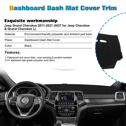 Center Console Dashboard Mat Pre-Cut Non-Slip Sunshield Sun Glare Protector Dash Carpet Pad Black Cover Compatible with Jeep Grand Cherokee 2011-2021