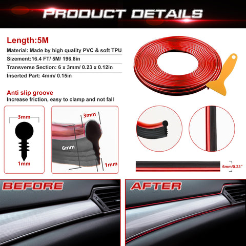 16ft Red Car Interior Door Gap Edge Line Insert Molding Trim Strip Accessories