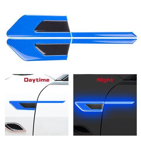 Car Side Door Marker Rearview Mirror Edge & Door Handle Protector Guard Cover Warning Sticker Set, Carbon Fiber Pattern w/ Reflective Safety Strip (Blue)