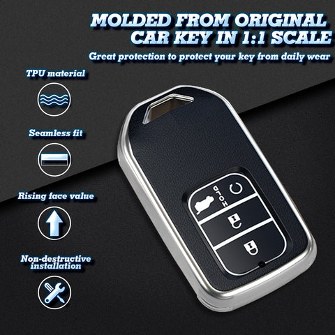 Black Soft TPU Leather Full Protect Key Fob Cover Case For Honda Civic 2014-2023