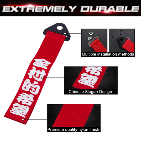 Red JDM Style Chinese Slogan Track Racing Towing Strap Compatible with Most Cars (Good luck & All the best/ The hope of whole village)