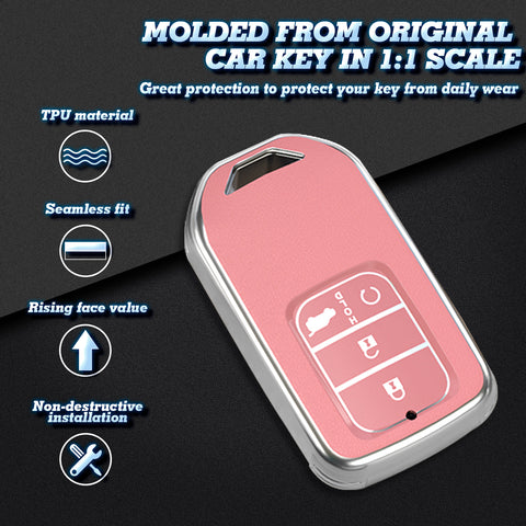 Pink Soft TPU Leather Full Protect Key Fob Cover Case For Honda Civic 2015-2021