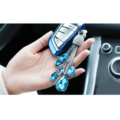Crystal Keychain Key Chain for Women Ladies Girls, Teardrop Water-drop Shining Car Key Fob Bling Keychain Ring Strap, Blue