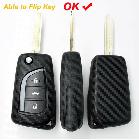 Carbon Fiber Grain Soft Silicone Key Fob Cover Case with Keychain for Toyota Camry 2018-up Flip Blade Key Remote