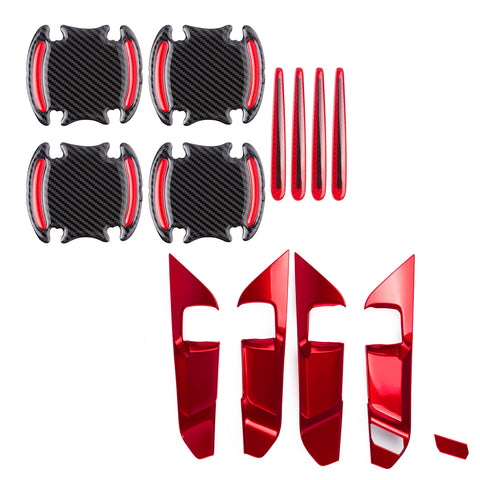 Set Red Inner + Exterior Door Handle Bowl Cover Trim For Toyota Rav4 2019-2024