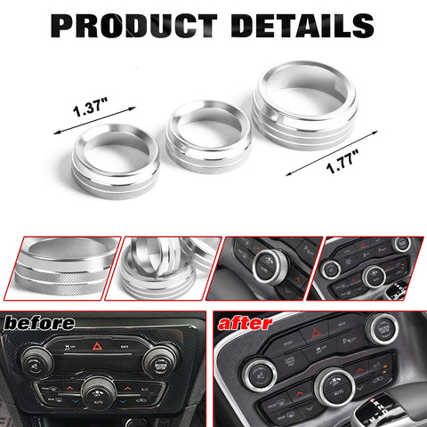 3PCS Silver Alloy Aluminum AC Climate Twist Radio Volume Adjust Switch Button Control Knob Ring Cover Trim Compatible with Dodge Charger Challenger or Chrysler 300 300s 2015-2021