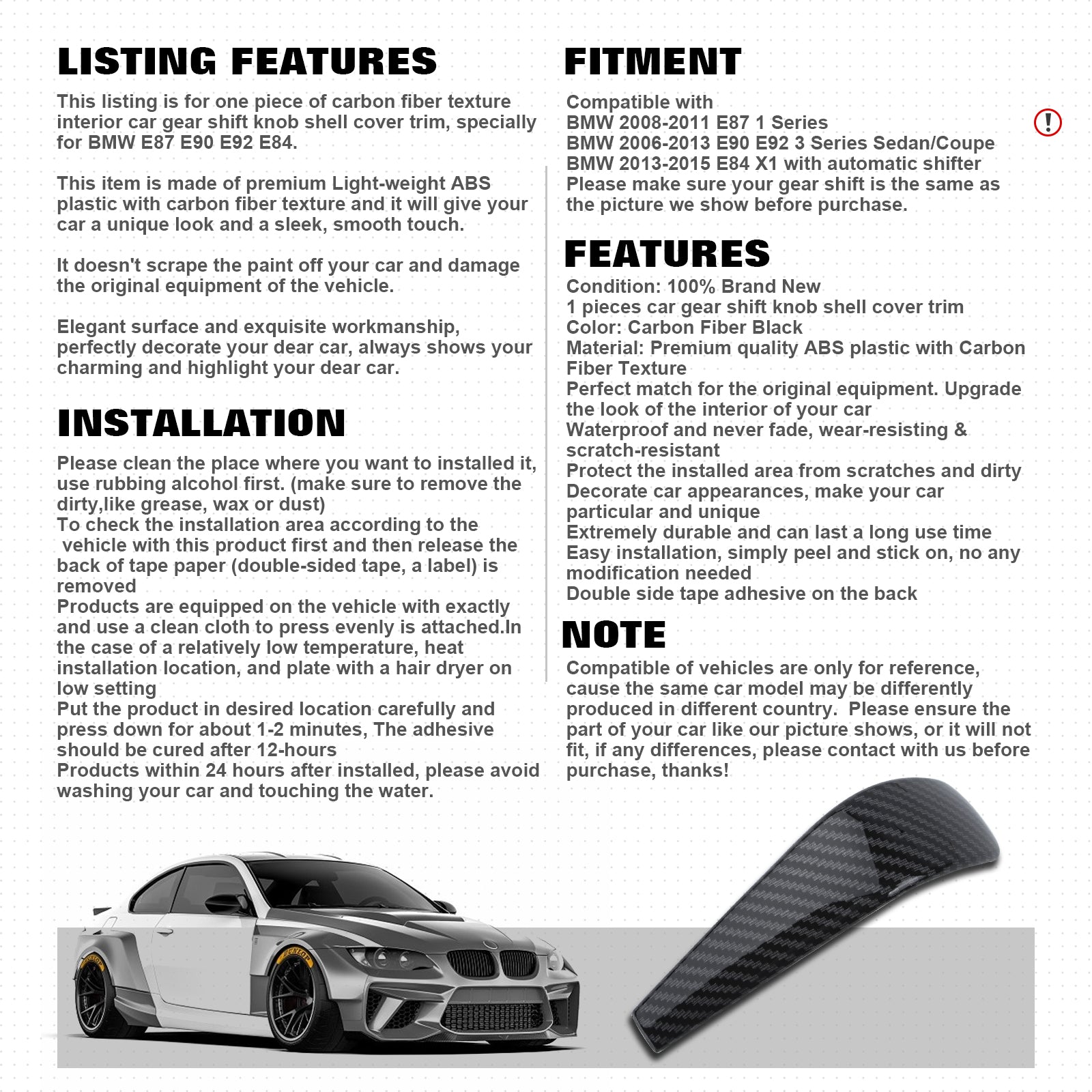 Carbon Fiber Pattern Gear Shift Knob Shell Cover Trim For BMW 1 3 Seri