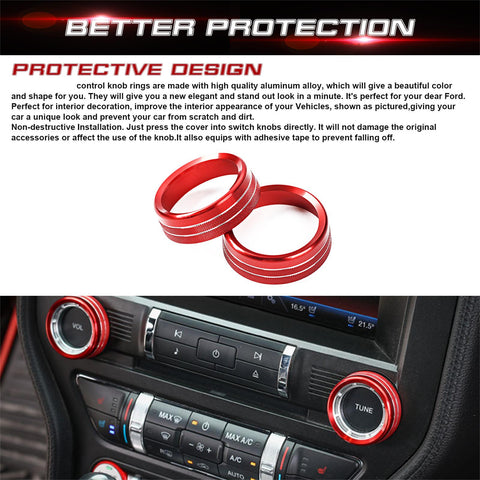 2pcs Centre Console Radio Volume Tune Switch Control Knob Surrounding Ring Decoration Covers Compatible with Ford Mustang 2015-up (Red)