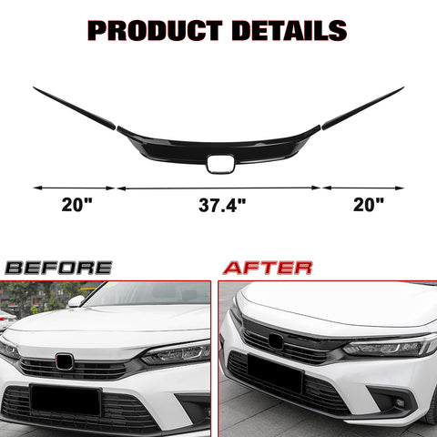 Glossy Black Front Hood Bumper Grille Upper Strip Cover For Civic 11th Gen 2022+