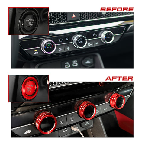 Centre Console AC Climate Control Knob Surrounding Ring + Engine Start/Stop Push Button Covers Decoration Combo Kit Compatible with Honda Civic 11th Gen 2022 (Red)