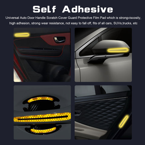 Car Door Handle Reflective Stickers Scratch Protective Cover Guard, Carbon Fiber Pattern w/Safety Warning Strip (Yellow)