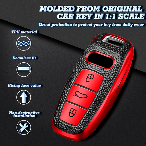 Xotic Tech Red TPU Grainy Leather Texture Key Fob Shell Cover Case w/ Keychain, Compatible with Audi A3 A6 A7 A8 E-Tron S3 S6 RS6 S7 RS7 Q7 SQ7 Q8 SQ8 3-Button Smart Keyless Entry Key