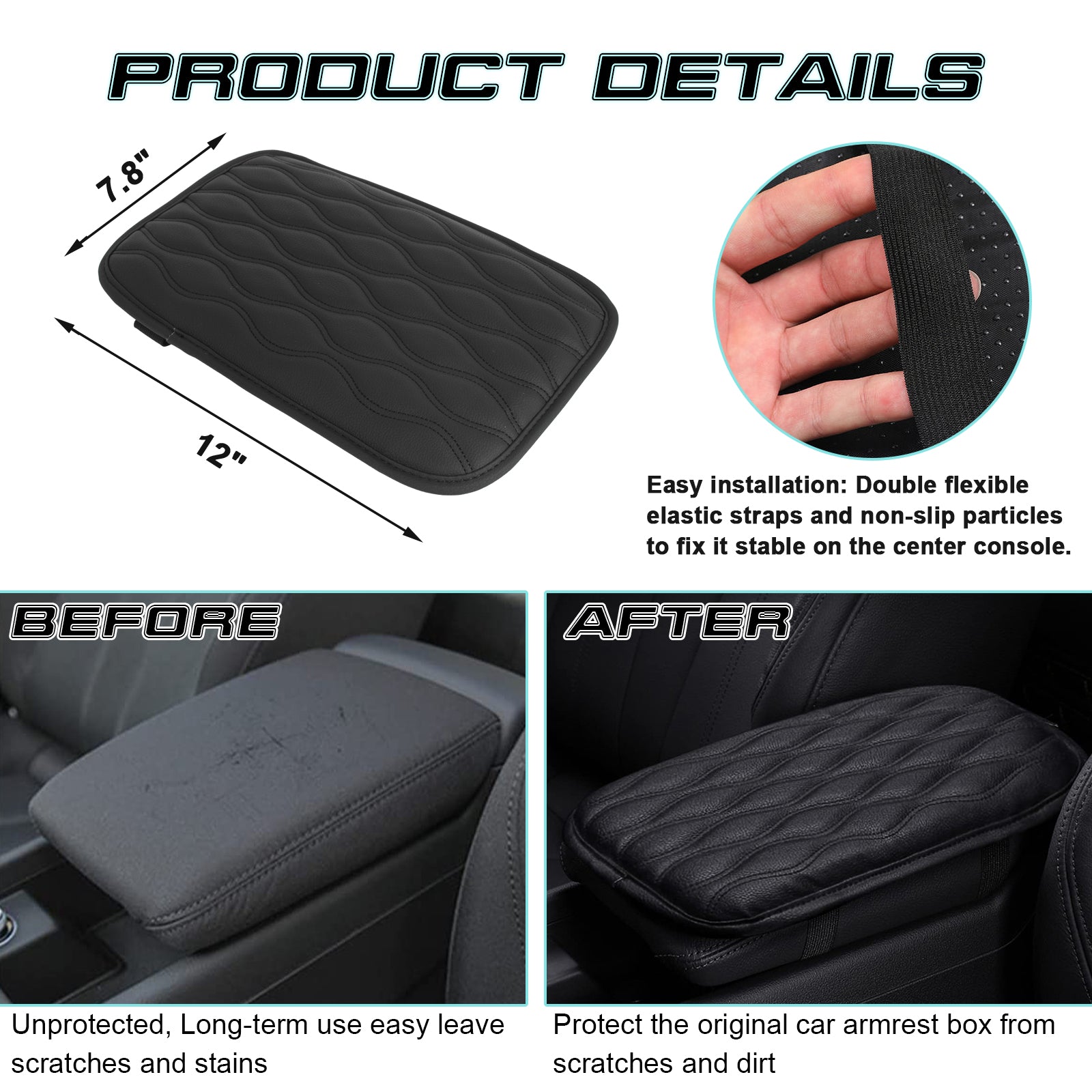 1pc Black Pu Leather Car Armrest Pad, Console Central Armrest Box