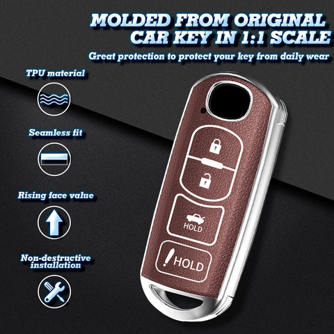 Brown Soft TPU&Leather Full Protect Remote Key Fob Cover For 2009-2023 MAZDA 3 6