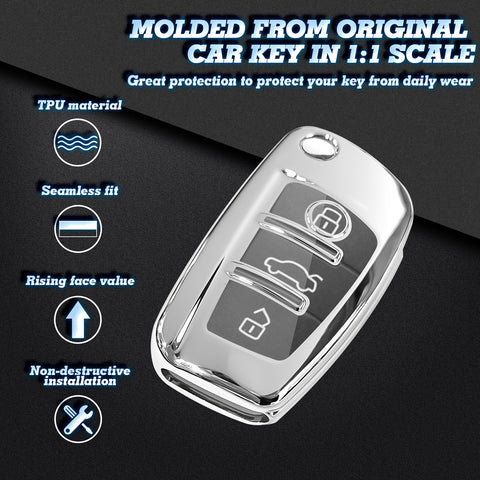 Soft TPU Flip Remote Key Fob Case Cover for Audi A1 A3 A4 A5 A6 Q2 Q3 Q7 TT S3 R8 3-Buttons Flip Key, Silver