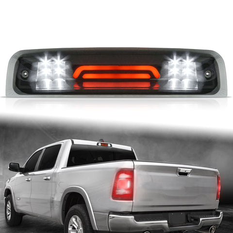 LED High Mount 3rd Third Brake Light Replacement For 2009-2018 Dodge Ram 1500 2500 3500 Red White Rear Cab Roof Center Mount Tail Stop Cargo Lights Lamps, Smoke Lens Black Housing