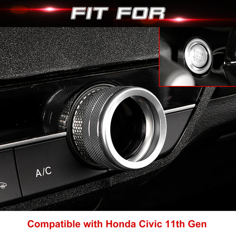 Centre Console AC Climate Control Knob Surrounding Ring + Engine Start/Stop Push Button Covers Decoration Combo Kit Compatible with Honda Civic 11th Gen 2022 (Silver)