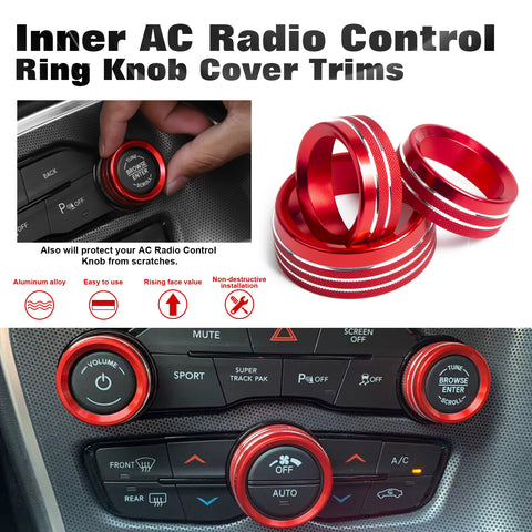 Car Interior Aluminum Alloy AC Climate/Radio Button Switch Knob Cover & Engine Ignition Start Stop Push Button Surrounding Ring Decor Trim Compatible with Dodge Challenger Charger 2015-2021 (Red)