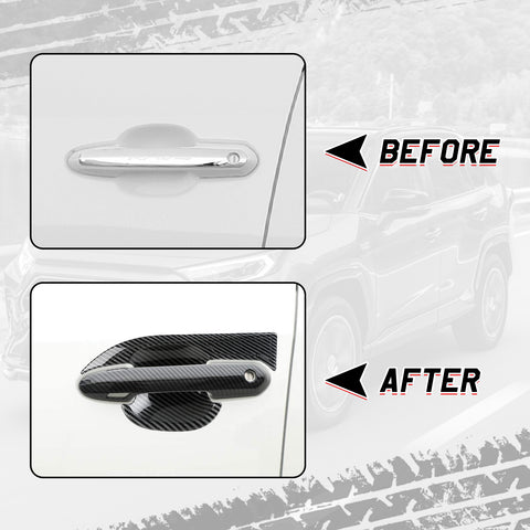 Set Carbon Fiber Style Exterior Side Mirror Stripe Door Handle Bowl Gas Tank Cap Rear Side Window Louvers Accessories Cover Trim Combo Kit, Compatible with Toyota Rav4 2019-2024