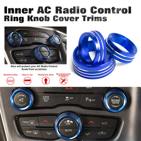 3PCS Blue Alloy Aluminum AC Climate Twist Radio Volume Adjust Switch Button Control Knob Ring Cover Trim Compatible with Dodge Charger Challenger or Chrysler 300 300s 2015-2021