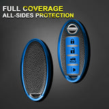 4 Buttons Remote Key Fob Shell TPU & Leather Full Protect Holder Blue For Nissan