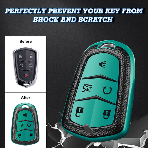 Xotic Tech Green TPU w/ Printed 5-Button Key Fob Shell Cover Case w/Red Keychain, Compatible with Cadillac CT6 XT5 CTS XTS SRX ATS HYQ2AB HYQ2EB Smart Keyless Entry Key