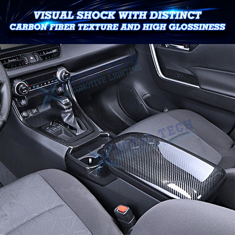 Full Set Carbon Fiber Style Interior Center Console AC Control Panel Gear Shift Lever Water Cup Holder Armrest Box Accessories Cover Trim Combo Kit, Compatible with Toyota Rav4 2019-2024