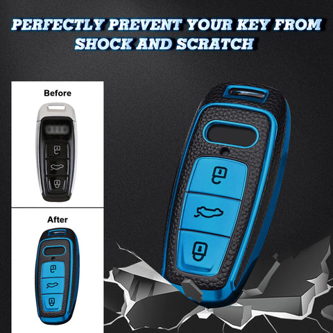 Xotic Tech Blue TPU Grainy Leather Texture Key Fob Shell Cover Case w/ Keychain, Compatible with Audi A3 A6 A7 A8 E-Tron S3 S6 RS6 S7 RS7 Q7 SQ7 Q8 SQ8 3-Button Smart Keyless Entry Key