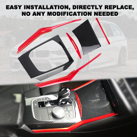 Sporty Inner Central Gear Shift Media Panel Cup Holder Cover Trim Compatible with BMW 3-Series G20 2019-2021 (Red & Carbon fiber pattern)