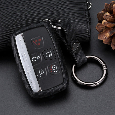 Carbon Fiber Style Key Fob Cover with Keychain - Black TPU Remote Smart Key Case Protector for Range Rover Jaguar