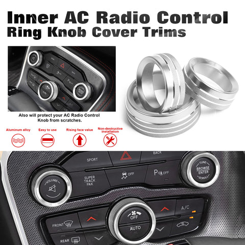 3PCS Silver Alloy Aluminum AC Climate Twist Radio Volume Adjust Switch Button Control Knob Ring Cover Trim Compatible with Dodge Charger Challenger or Chrysler 300 300s 2015-2021
