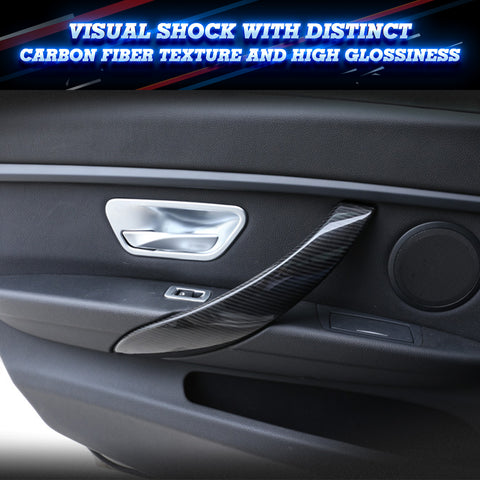 4pcs Interior Door Pull Handle Armrest Grab Cover Trim Strip For BMW 3 4 Series F30 F31 F34 F36, Carbon Fiber Style