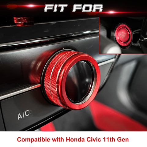 Centre Console AC Climate Control Knob Surrounding Ring + Engine Start/Stop Push Button Covers Decoration Combo Kit Compatible with Honda Civic 11th Gen 2022 (Red)