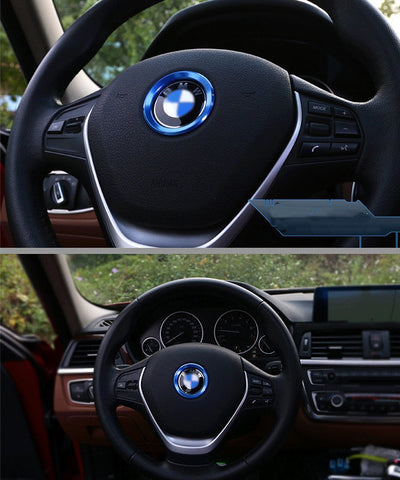 Steering Wheel Center Logo Ring Emblem Blue Trim For 2013-2015 BMW 1 3 5 Series X3 X5 X6 [Silver/Blue]