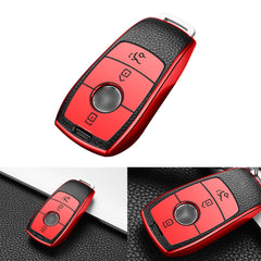 Smart Key Fob Cover Case Holder Soft TPU Leather Full Protection Remote Key Cover Compatible with Mercedes E S Class 3 Button, Red