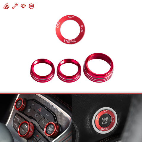 Car Interior Aluminum Alloy AC Climate/Radio Button Switch Knob Cover & Engine Ignition Start Stop Push Button Surrounding Ring Decor Trim Compatible with Dodge Challenger Charger 2015-2021 (Red)