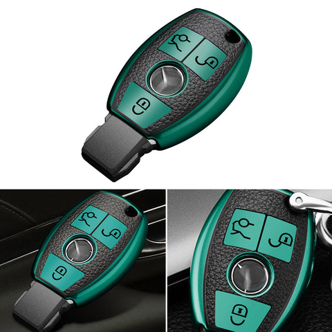 For Mercedes 3 Button Green Smart Key Fob Cover Case Shell Protect Leather TPU