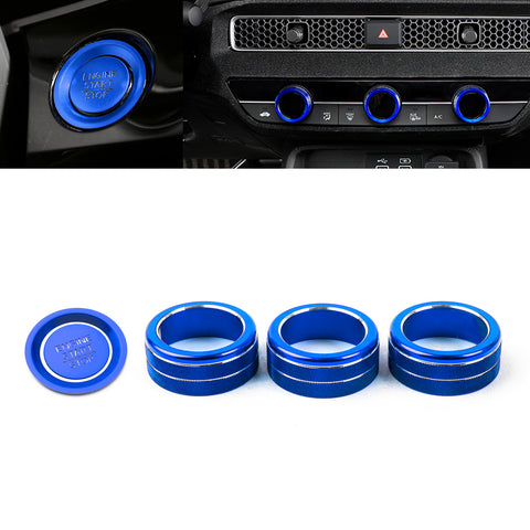 Centre Console AC Climate Control Knob Surrounding Ring + Engine Start/Stop Push Button Covers Decoration Combo Kit Compatible with Honda Civic 11th Gen 2022 (Blue)