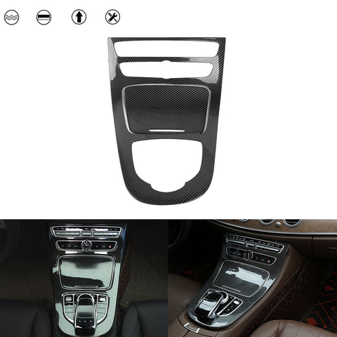 Center Console Gear Shift Panel Frame Cover Trim, Carbon Fiber Pattern, Compatible with Mercedes Benz E Class W213 2016-2018 (With Clock)