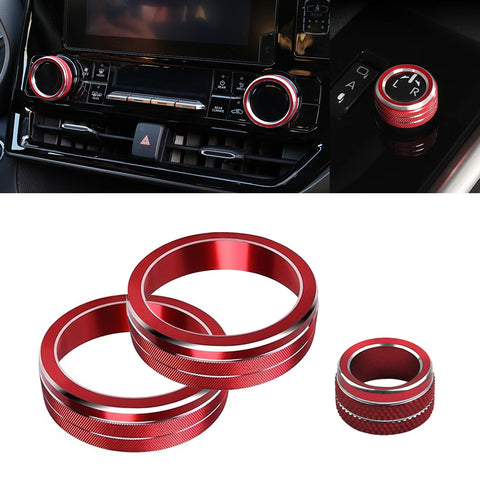 Red AC Climate Knob + Rear Mirror Knob Ring Cover For Toyota Highlander 2020-22