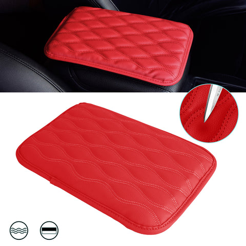 Red Leather Wavy Shape Central Console Armrest Cover Seat Box Protect Decor 1pc
