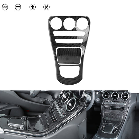 Center Console Gear Shift Panel Frame Cover Trim, Carbon Fiber Pattern, Compatible with Mercedes Benz C Class W205 2019-2020, GLC Class X253 2020 (Without Clock)