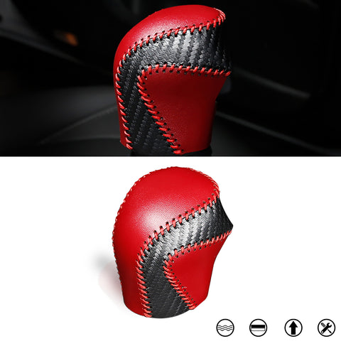 Central Console Gear Shift Head Knob Automatic Transmission Shifter Lever DIY Leather Sewing Protector Cover Decoration,Black Red with Red Stitches, Compatible with Toyota Camry 2018-2022
