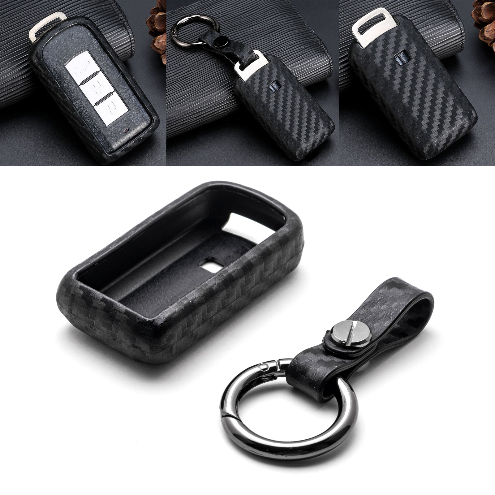 for Mitsubishi Outlander Key Fob Cover with Keychain Carbon Fiber Pa