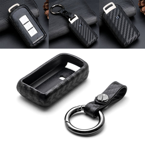 for Mitsubishi Outlander Key Fob Cover with Keychain - Carbon Fiber Pattern Soft Silicone Key Fob Case Holder Fit Mitsubishi Lancer Evolution