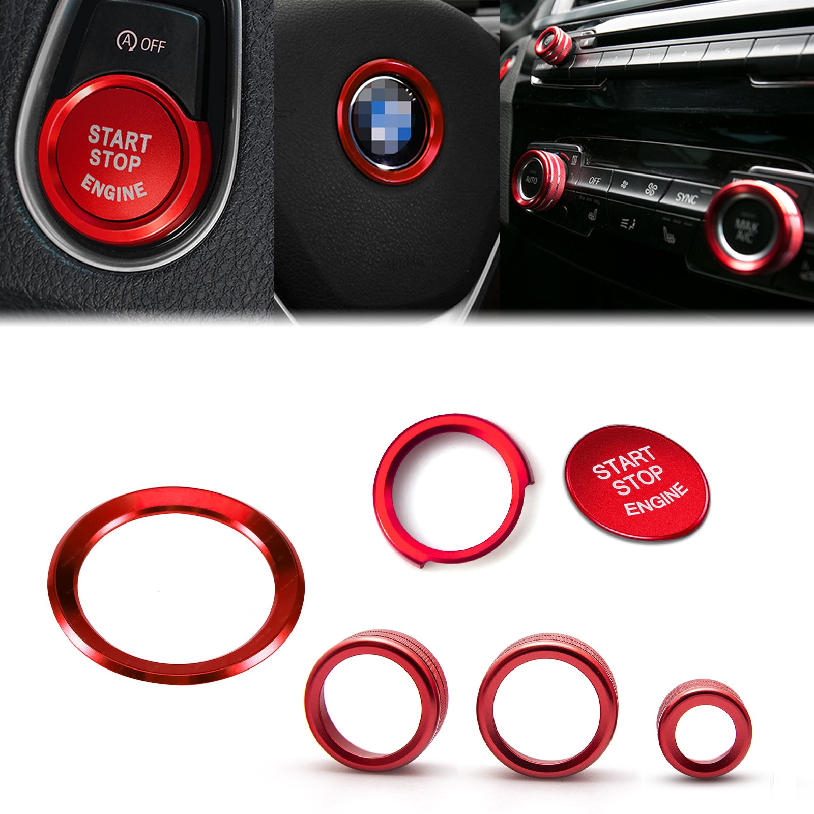 Red Ignition Button Steeing Wheel Logo AC Climate Switch Ring For BMW