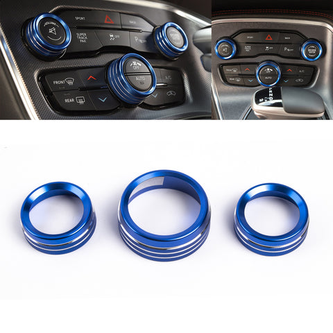3PCS Blue Alloy Aluminum AC Climate Twist Radio Volume Adjust Switch Button Control Knob Ring Cover Trim Compatible with Dodge Charger Challenger or Chrysler 300 300s 2015-2021