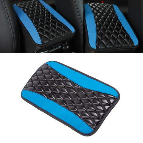 Xotic Tech Center Console Armrest Seat Box Cover Pad, Leather Cushion w/Flexible Elastic Band, Universal Accessories for Most Cars, SUV, Truck (Black & Blue 12.60"x7.48")