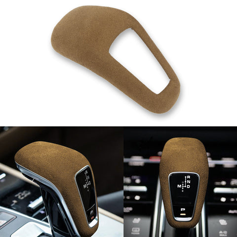 Brown Alcantara Suede ABS Gear Shift Knob Cover Trim For Porsche Cayenne 2018-21